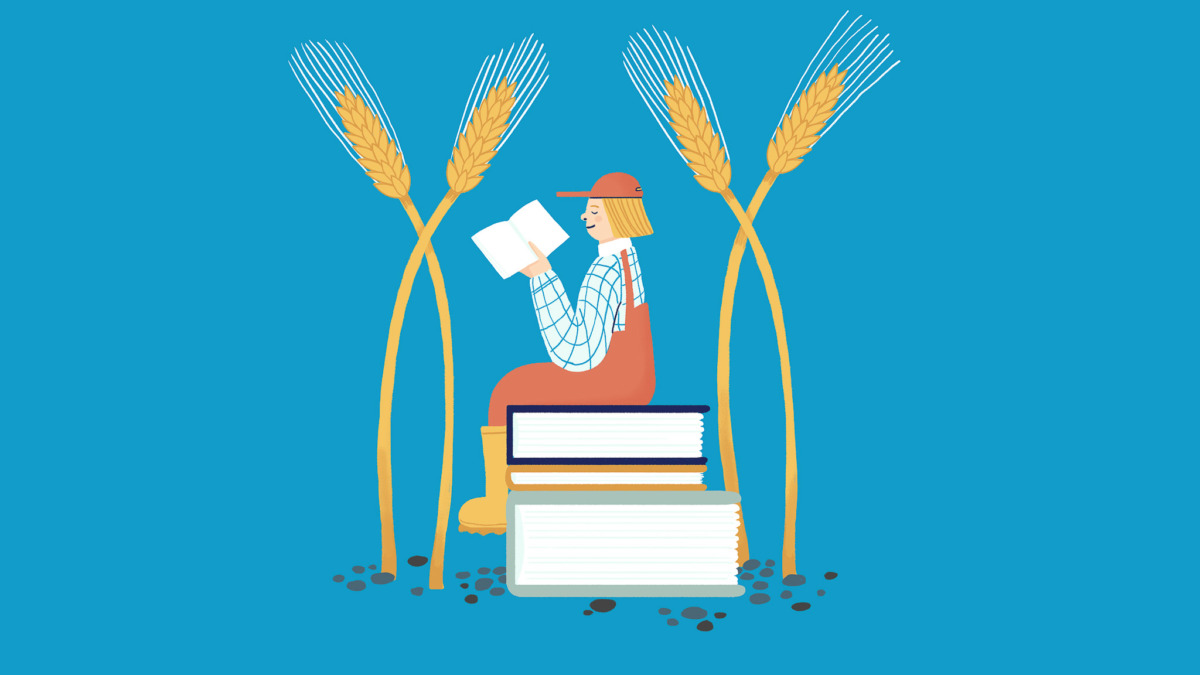 Kuvituskuva, jossa viljelijä istuu kirjapinon päällä lukemassa.