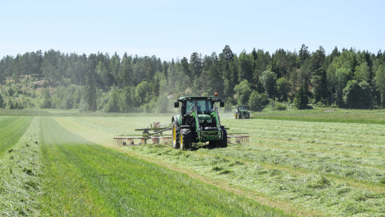Traktori vetää perässään karhotinta Carbon Action seurantalohkolla, jonka heinä on niitetty normaalikorkeuteen. Viereisellä koelohkolla niittokorkeutta on nostettu.