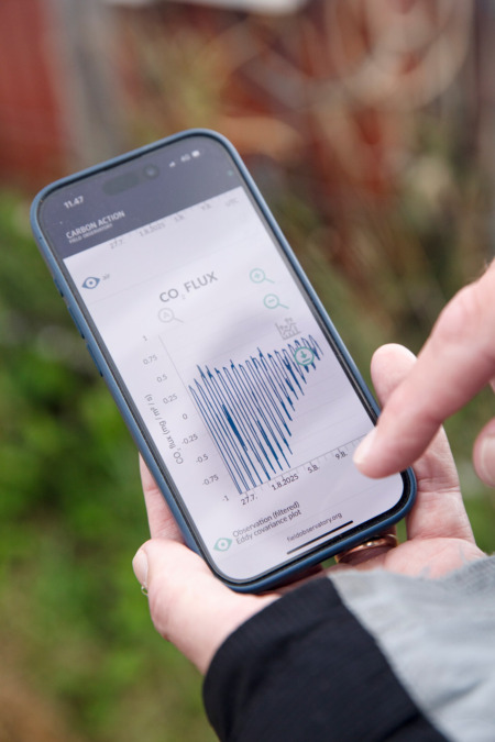 Puhelin näyttää peltojen hiilensidonnan mittaamista