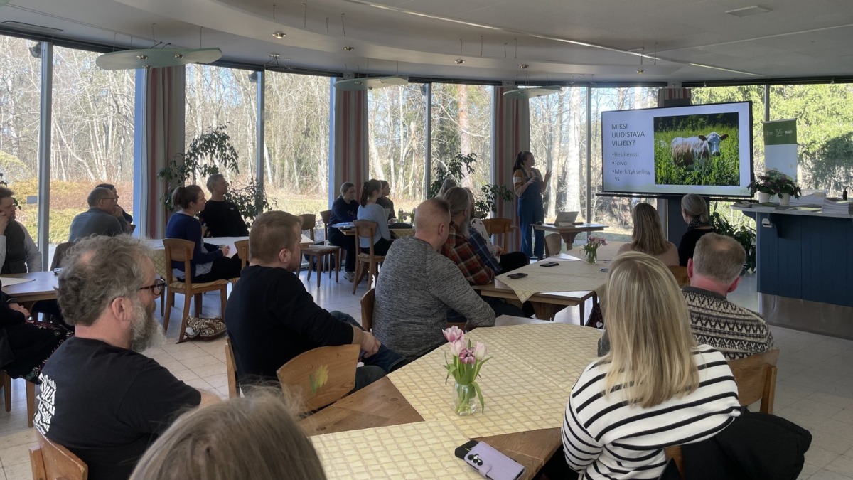 Kuva VERKKO-tapahtumasta Kymen Paviljongissa. Etualalla osallistujia pöytien ääressä. Taka-alalla puhuja esittelemässä uudistavaa viljelyä. Diaestityksessä kuva lehmästä laitumella.